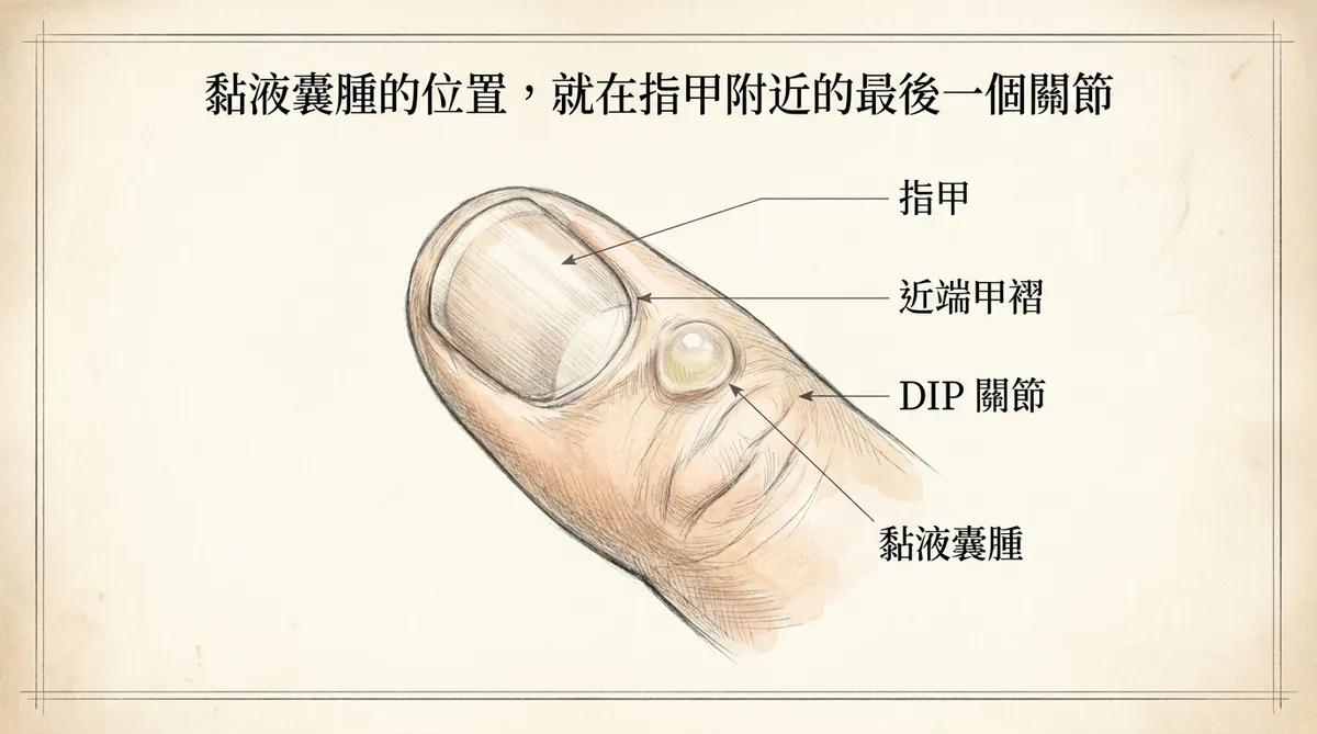 黏液囊腫的位置：指甲附近的最後一個關節（DIP關節）與近端甲褶解剖示意圖