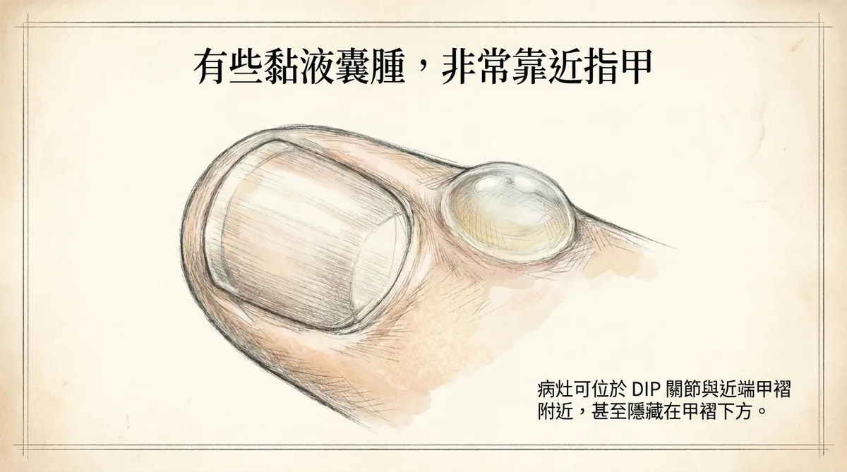 有些黏液囊腫非常靠近指甲：病灶位於DIP關節與近端甲褶附近甚至隱藏在甲褶下方