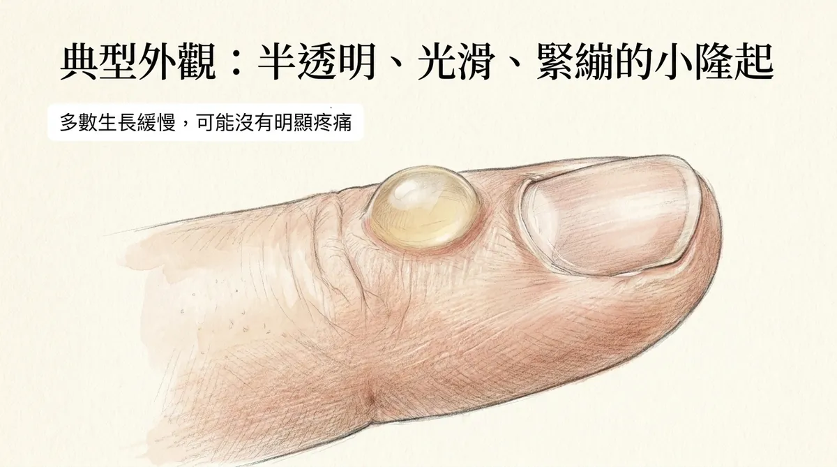 典型外觀半透明光滑緊繃的小隆起：多數生長緩慢可能沒有明顯疼痛外觀特徵圖