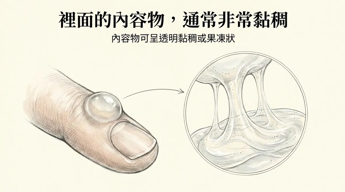 裡面的內容物通常非常黏稠：透明黏稠或果凍狀糖胺聚醣內容物示意圖