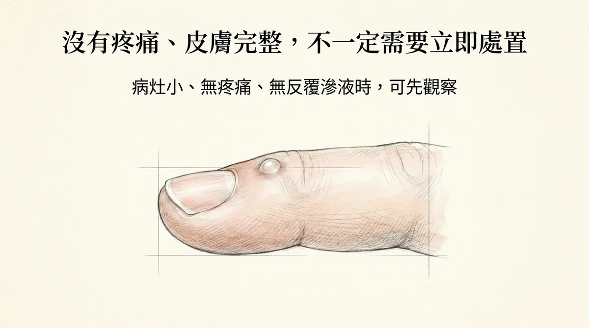 沒有疼痛皮膚完整不一定需要立即處置：病灶小無疼痛無反覆滲液時可先觀察示意圖