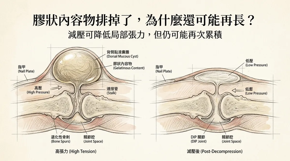 膠狀內容物排掉了為什麼還可能再長：高張力連接管與減壓後病灶蒂部仍存在之剖面機制圖