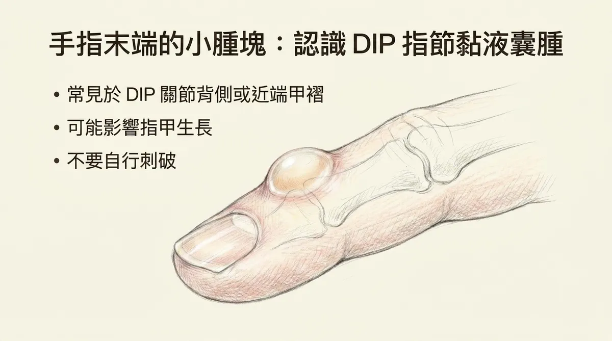 手指末端的小腫塊認識DIP指節黏液囊腫：常見於DIP關節背側、可能影響指甲生長且勿自行刺破