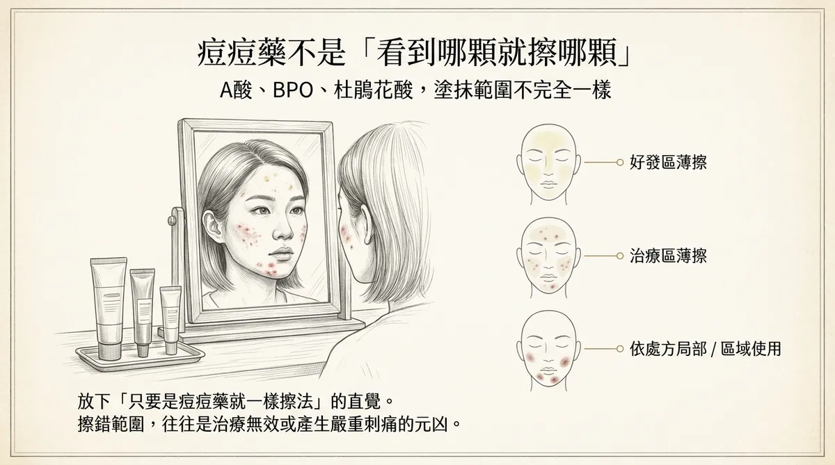 青春痘外用藥用量示意:少量藥膏分點於治療區再薄薄推開,豌豆大小代表總用量概念