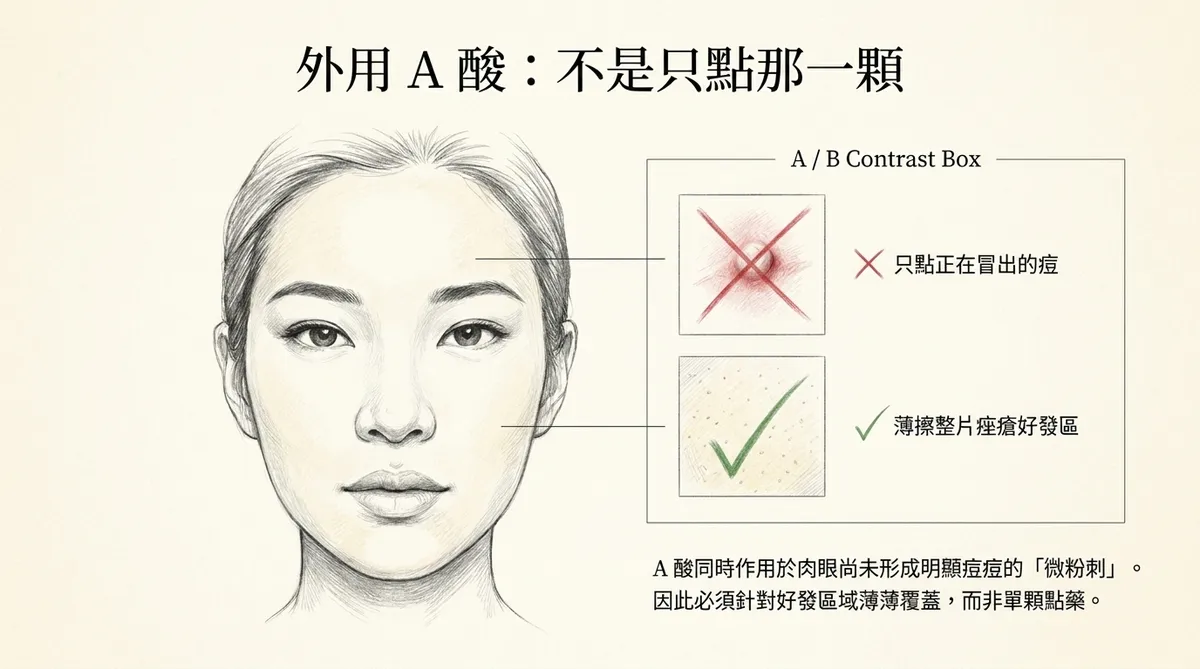 杜鵑花酸塗抹範圍示意:依處方薄擦於需要治療的痤瘡及痘印受影響區域