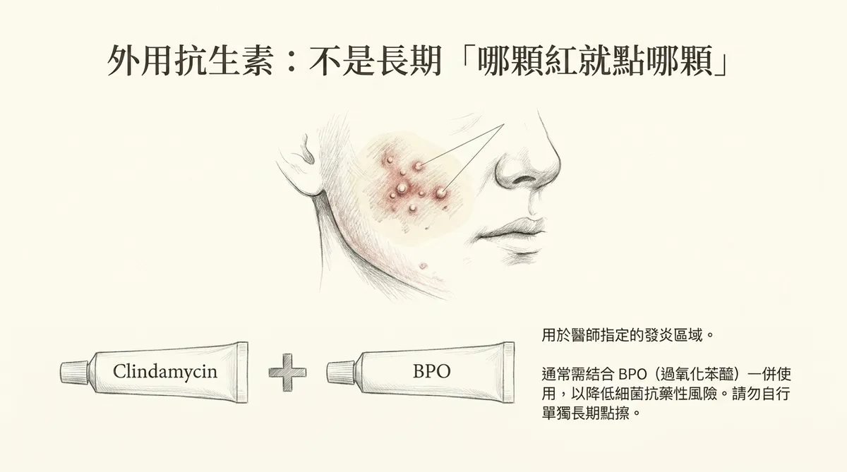 青春痘外用藥塗抹觀念:不同成分可能採好發區、治療區或依處方局部使用,並非看到哪顆就擦哪顆