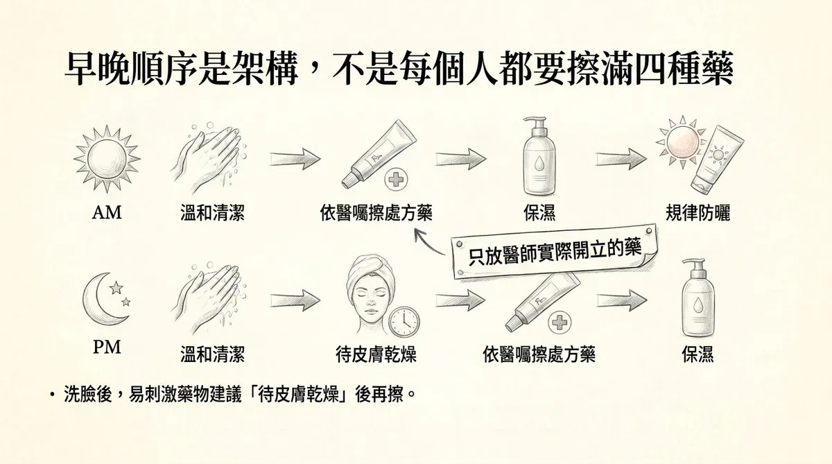 外用A酸塗抹方式示意:不是只點單顆青春痘,而是依醫囑薄擦於痤瘡好發區