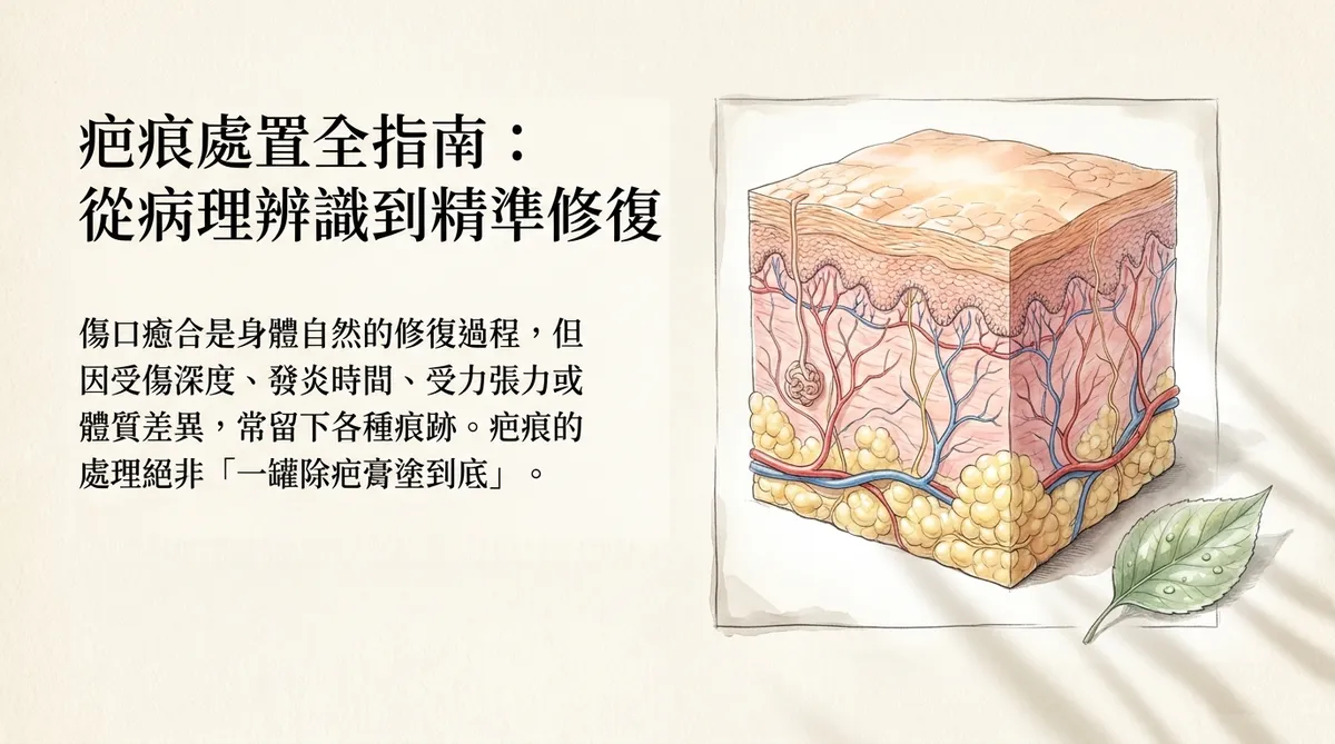 疤痕處置全指南:從病理辨識到精準修復總覽示意圖