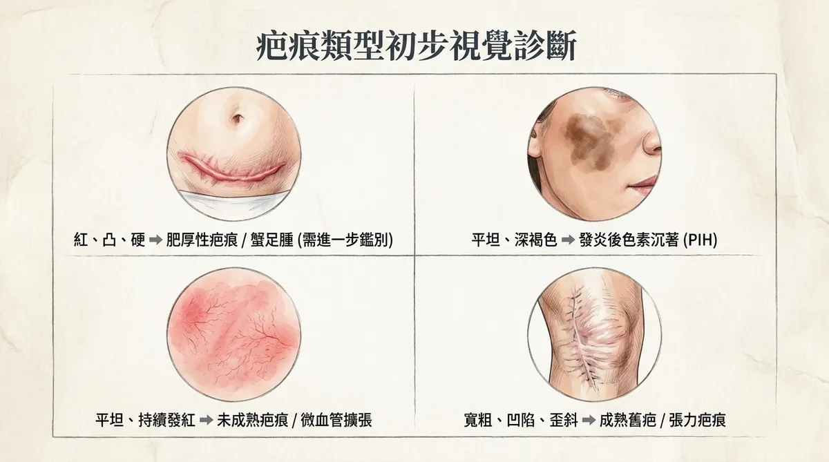 疤痕類型初步視覺診斷:紅凸硬疤痕、平坦深褐色PIH、平坦持續發紅未成熟疤痕與寬粗凹陷舊疤對照圖