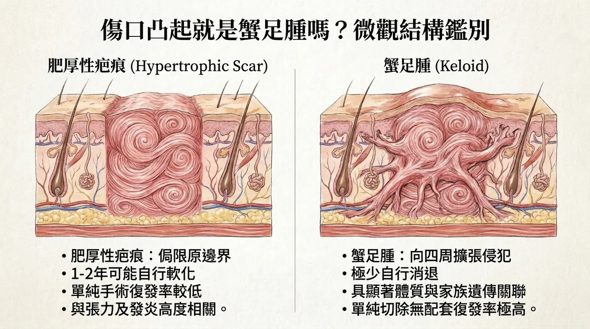 傷口凸起就是蟹足腫嗎?肥厚性疤痕與蟹足腫微觀結構鑑別示意圖