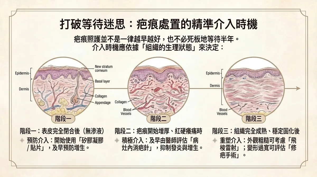 打破等待迷思:疤痕處置的精準介入時機三階段圖解說明