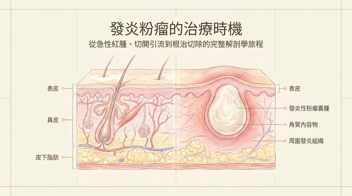 發炎粉瘤治療時機示意圖,呈現表皮囊腫急性發炎與周圍組織變化