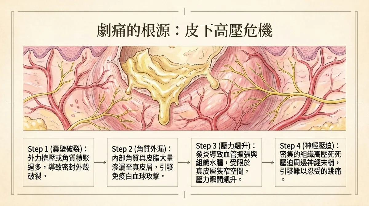 粉瘤囊壁破裂後角質外漏、組織發炎水腫與疼痛形成機轉示意圖