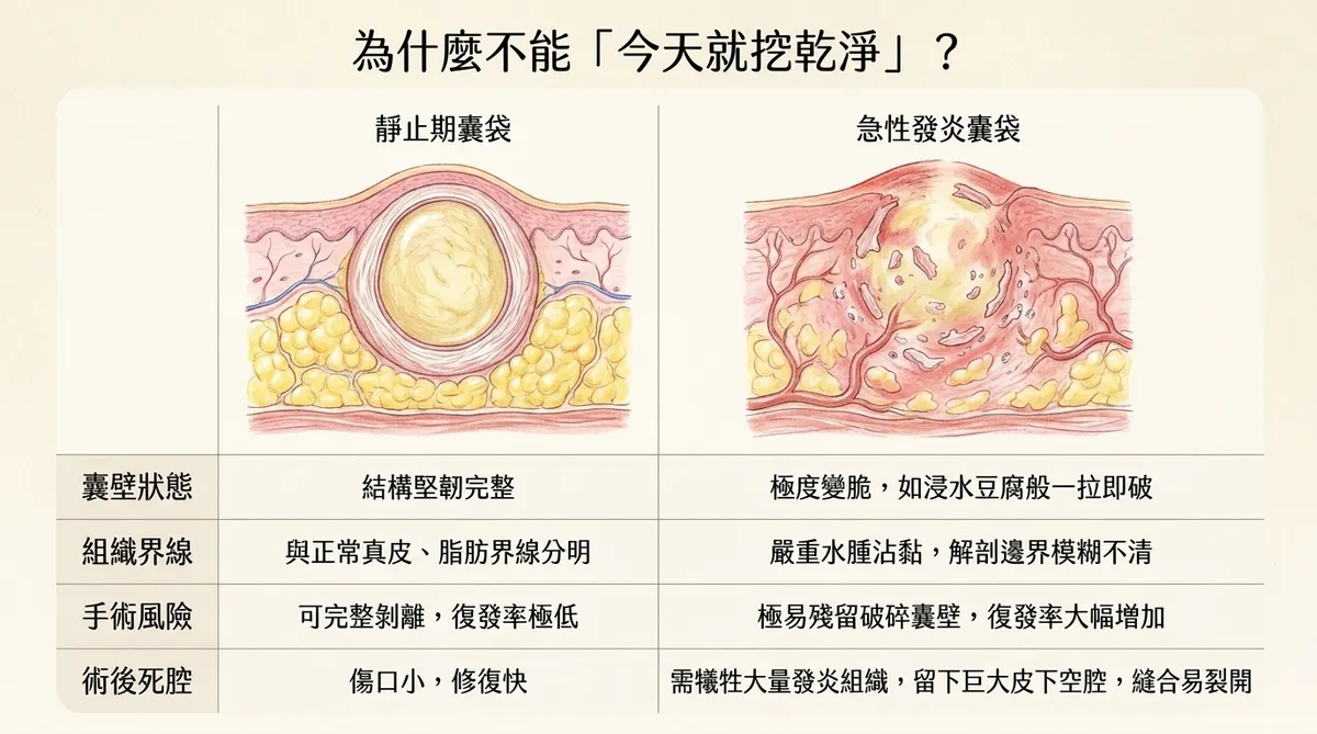 靜止期粉瘤與急性發炎粉瘤比較,說明發炎期囊壁脆弱與組織邊界模糊