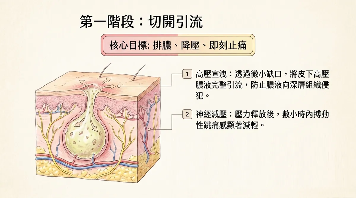 發炎粉瘤第一階段切開引流示意圖,排出膿液並降低皮下壓力
