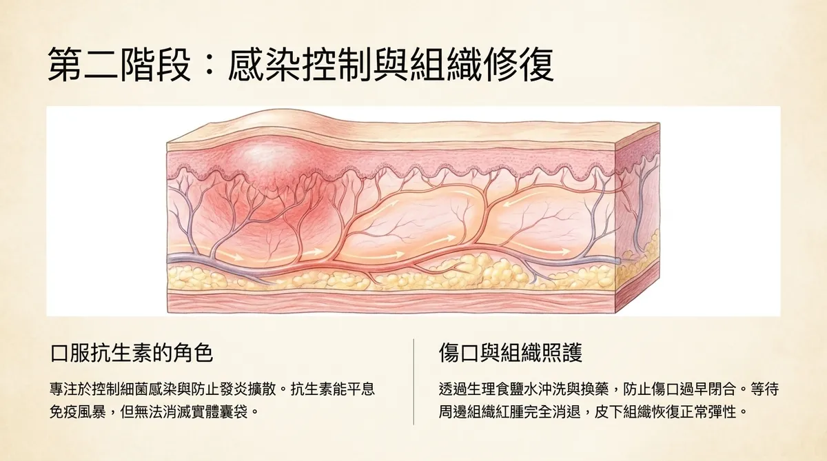 發炎粉瘤第二階段感染控制與組織修復示意圖