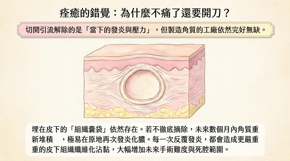 粉瘤切開引流後囊壁仍可能殘留的示意圖