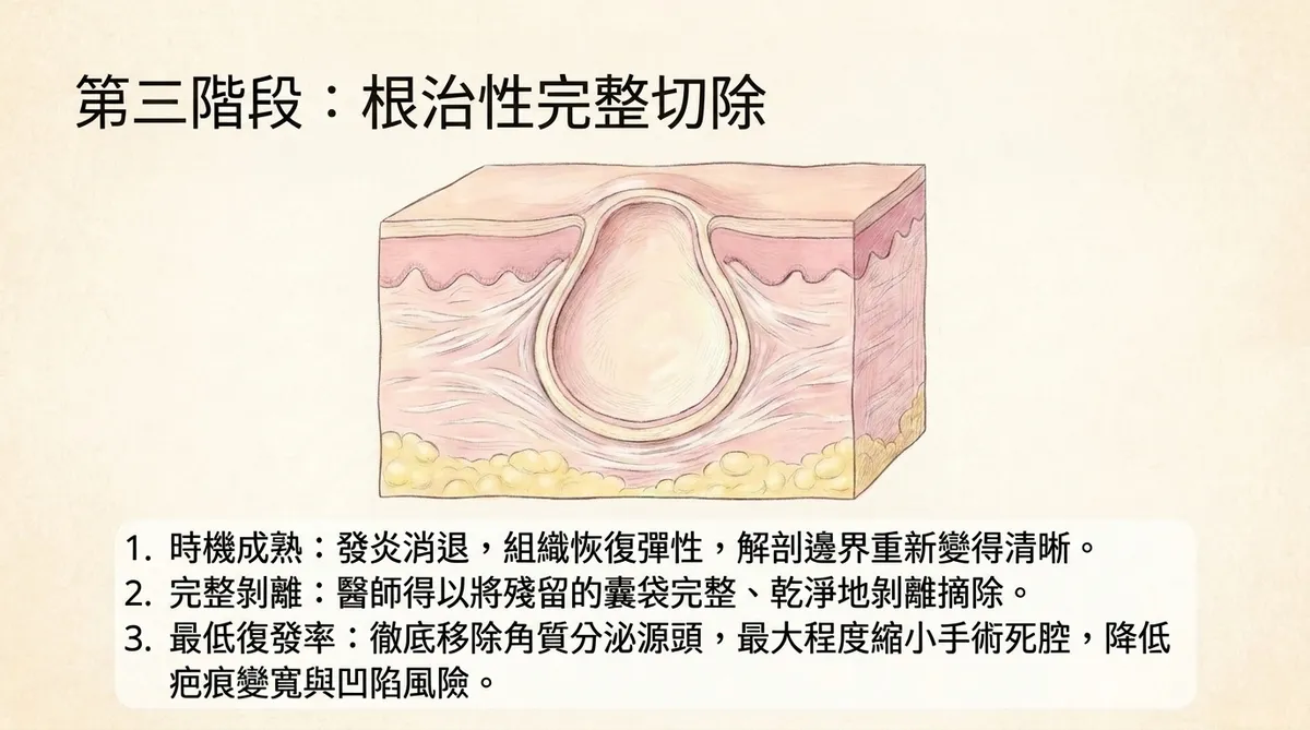 發炎消退後穩定期完整切除粉瘤囊壁示意圖