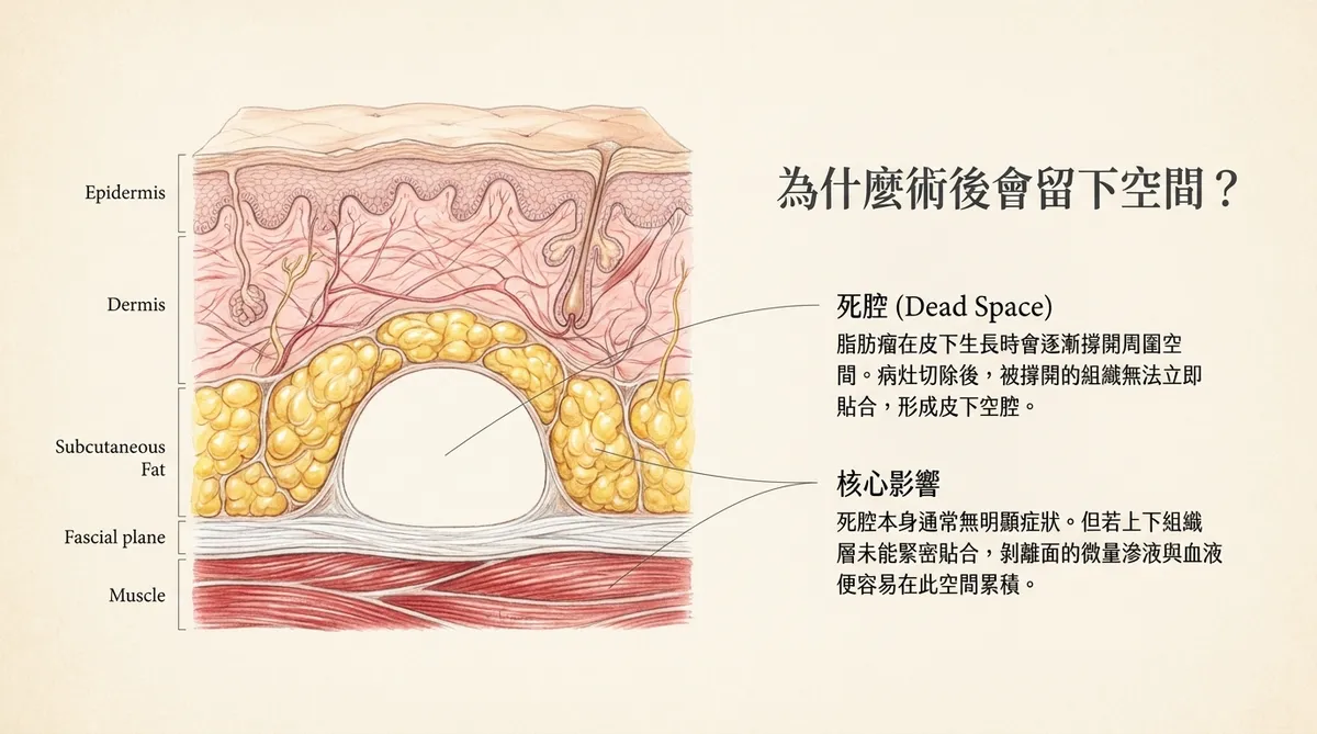 脂肪瘤切除後皮下死腔形成示意圖,呈現表皮、真皮、皮下脂肪、筋膜與肌肉之間的術後空間