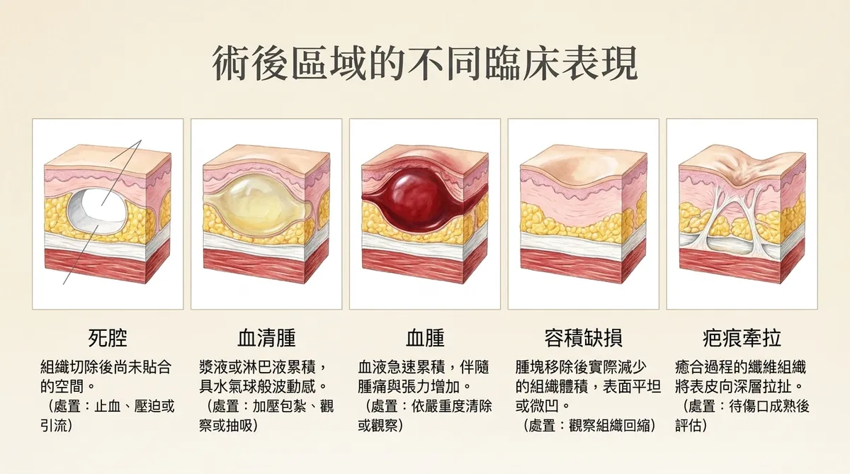 脂肪瘤手術後死腔、血清腫、血腫、容積缺損與疤痕牽拉五種臨床表現比較