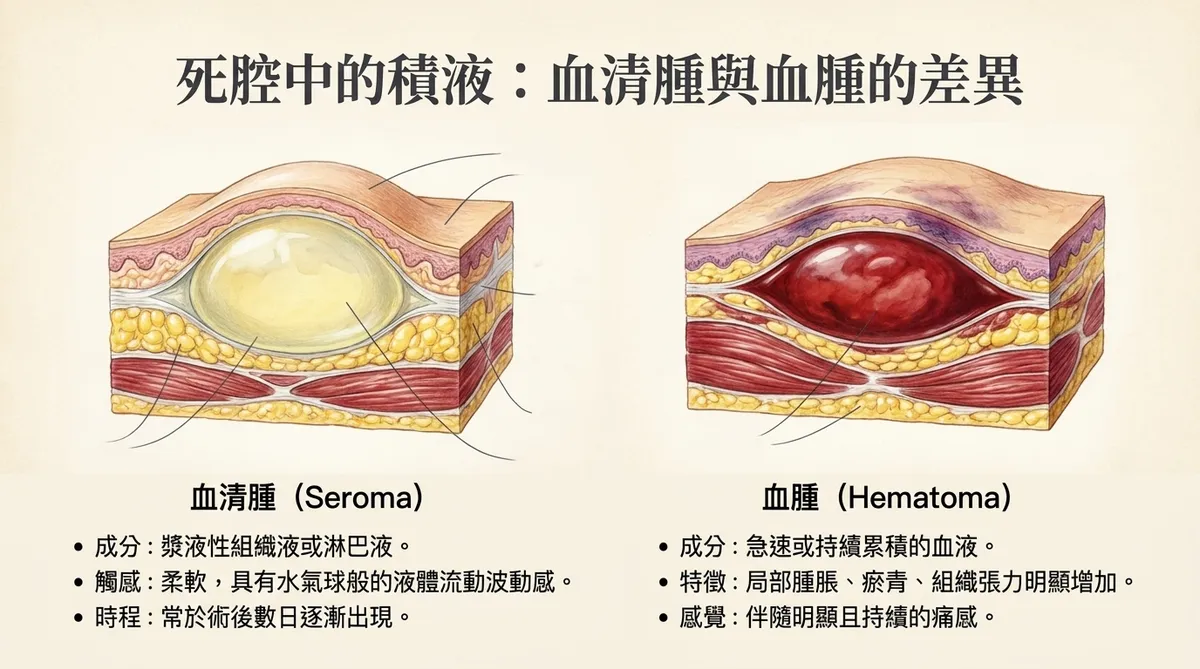 脂肪瘤手術後血清腫與血腫比較示意圖,呈現死腔內組織液與血液累積的差異