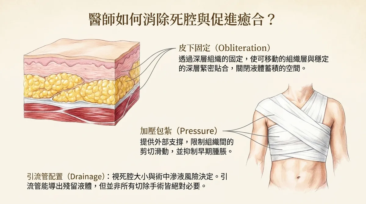 脂肪瘤切除後死腔處理方式,包括皮下固定縫合、加壓包紮與必要時放置引流管