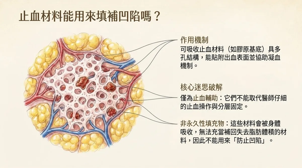 可吸收止血材料在脂肪瘤手術中的作用示意圖,說明輔助止血功能以及不能作為永久凹陷填充物