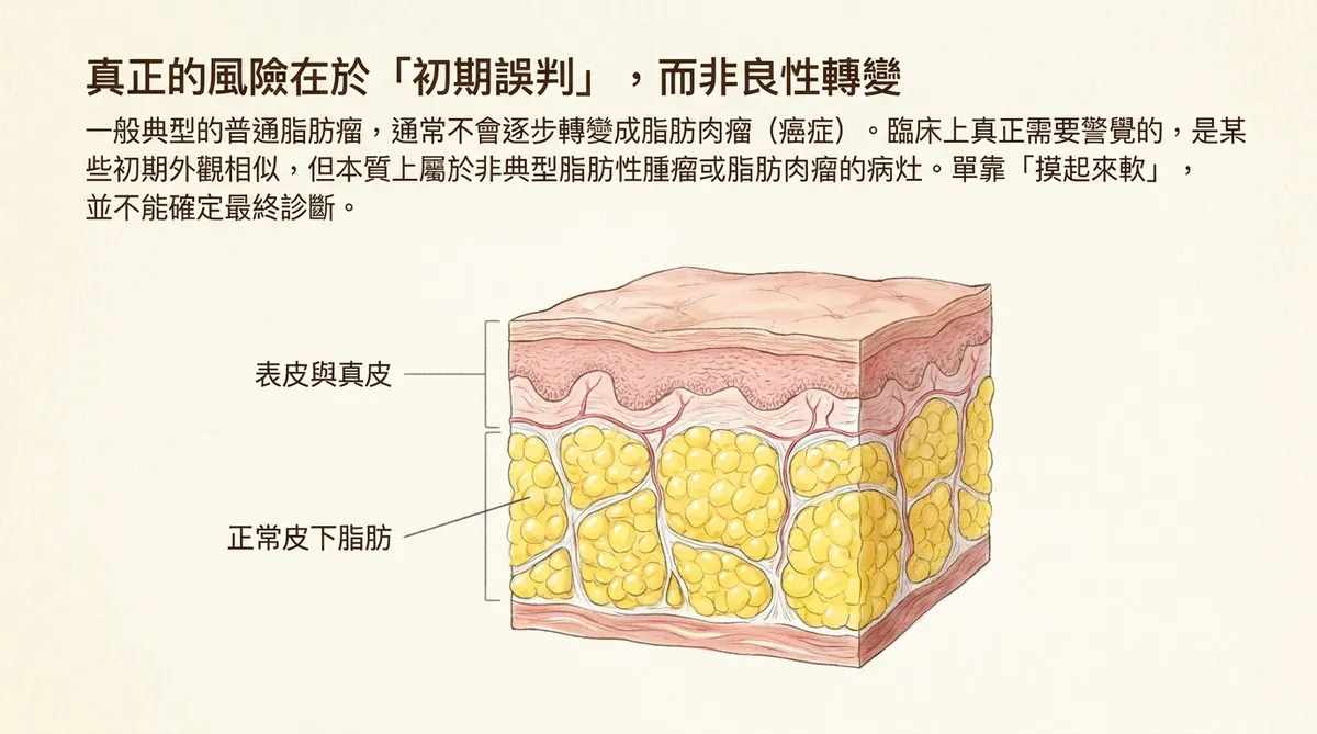 典型脂肪瘤通常不會轉變成脂肪肉瘤,重點在初期辨識非典型脂肪性腫瘤