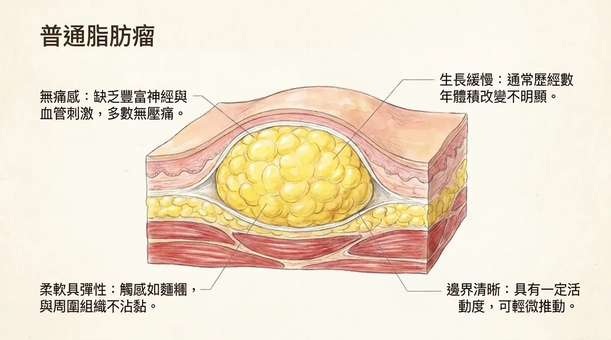普通脂肪瘤典型特徵,呈現柔軟、有彈性、活動度佳與邊界相對清楚