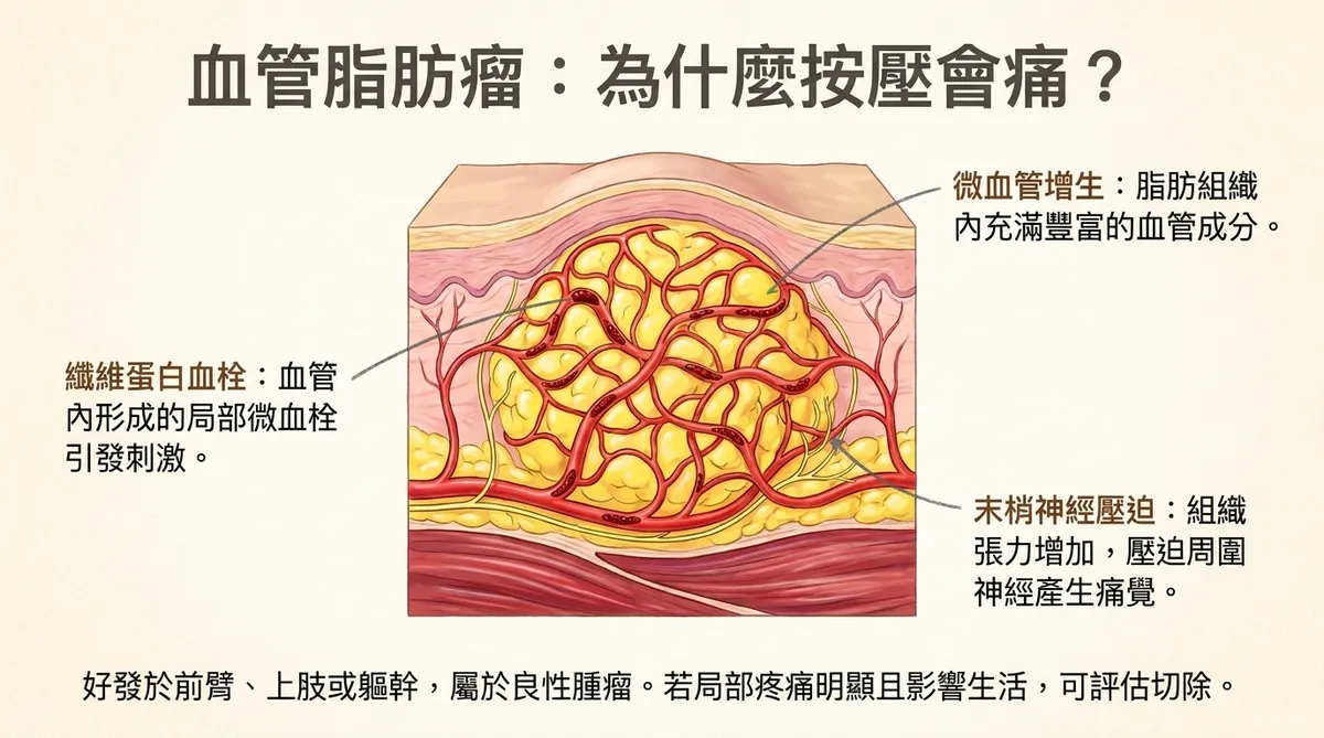 血管脂肪瘤疼痛機轉,呈現微血管增生、微血栓與末梢神經刺激