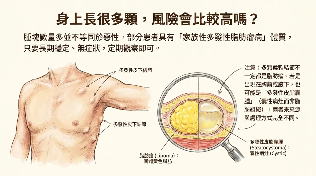 多發性脂肪瘤與多發性皮脂囊腫的臨床鑑別示意圖