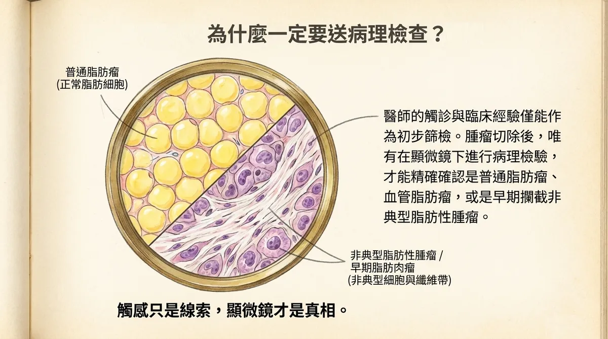 脂肪瘤切除後病理檢查,顯示普通脂肪瘤與非典型脂肪性腫瘤的顯微差異