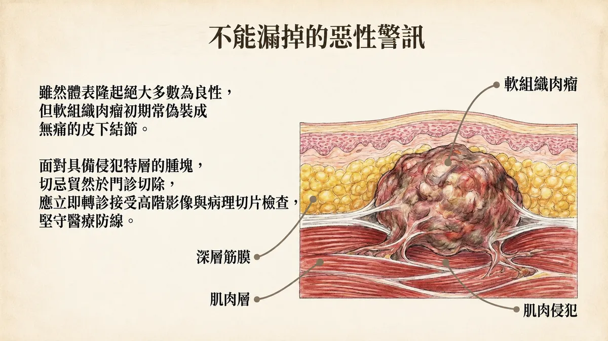 軟組織肉瘤深層筋膜與肌肉侵犯示意圖,說明脂肪瘤鑑別中的惡性警訊