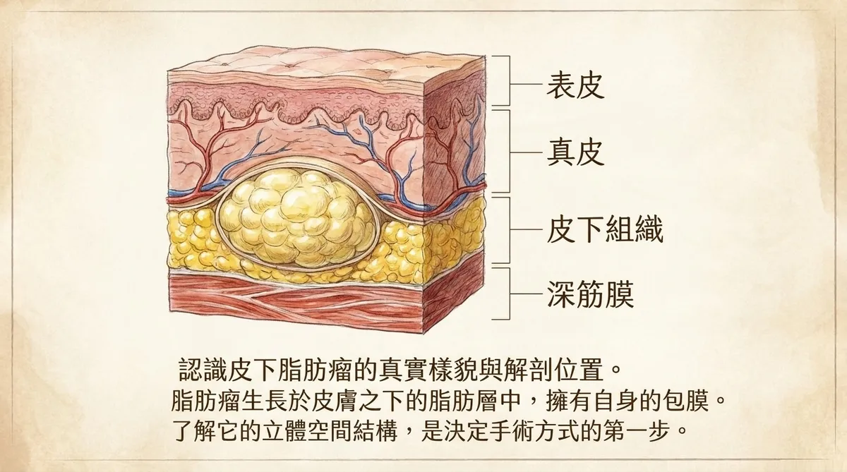 脂肪瘤微創手術主圖,呈現脂肪瘤位於皮下組織及其與表皮真皮深筋膜的解剖關係