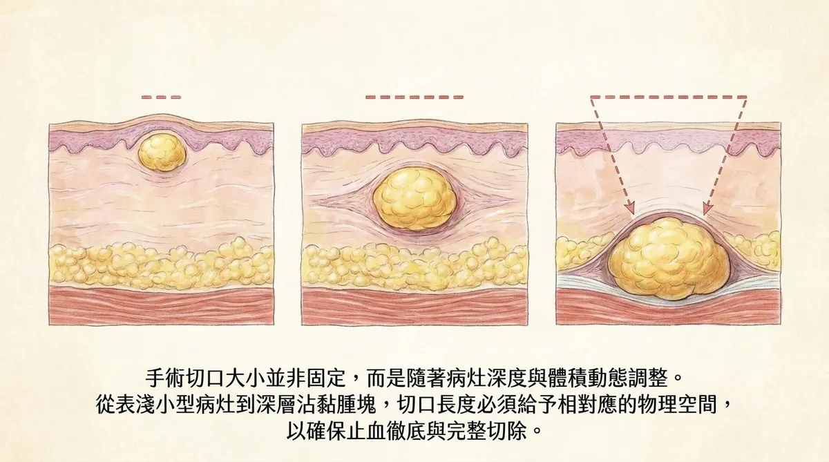 脂肪瘤手術切口大小示意圖,說明切口需依腫瘤大小深度與手術視野調整