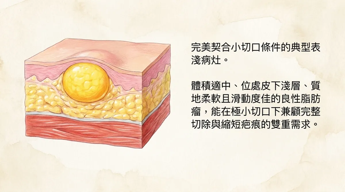 適合脂肪瘤小切口手術的典型表淺良性脂肪瘤,呈現體積適中柔軟且活動度佳的病灶