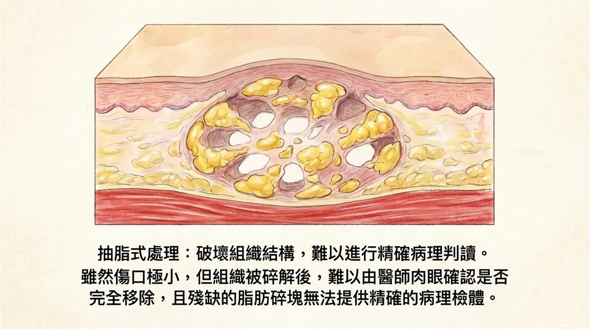 脂肪瘤抽脂式處理示意圖,顯示脂肪組織碎解後較難確認完整移除並可能影響病理判讀