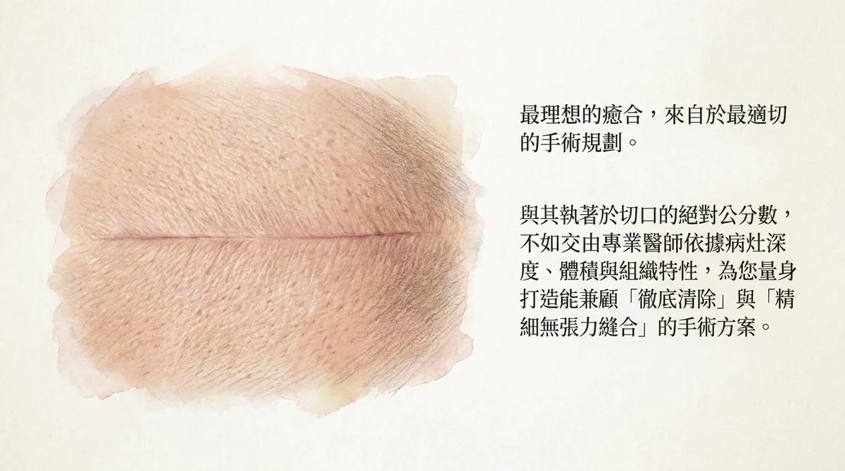 脂肪瘤手術後自然線性疤痕示意圖,說明適當切口設計與精細縫合兼顧完整切除及疤痕美觀