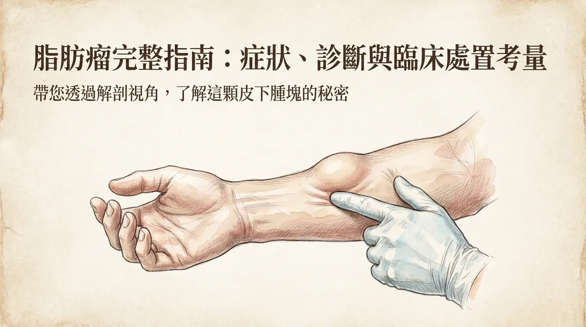 脂肪瘤完整指南主圖,呈現前臂皮下脂肪瘤與醫師觸診評估