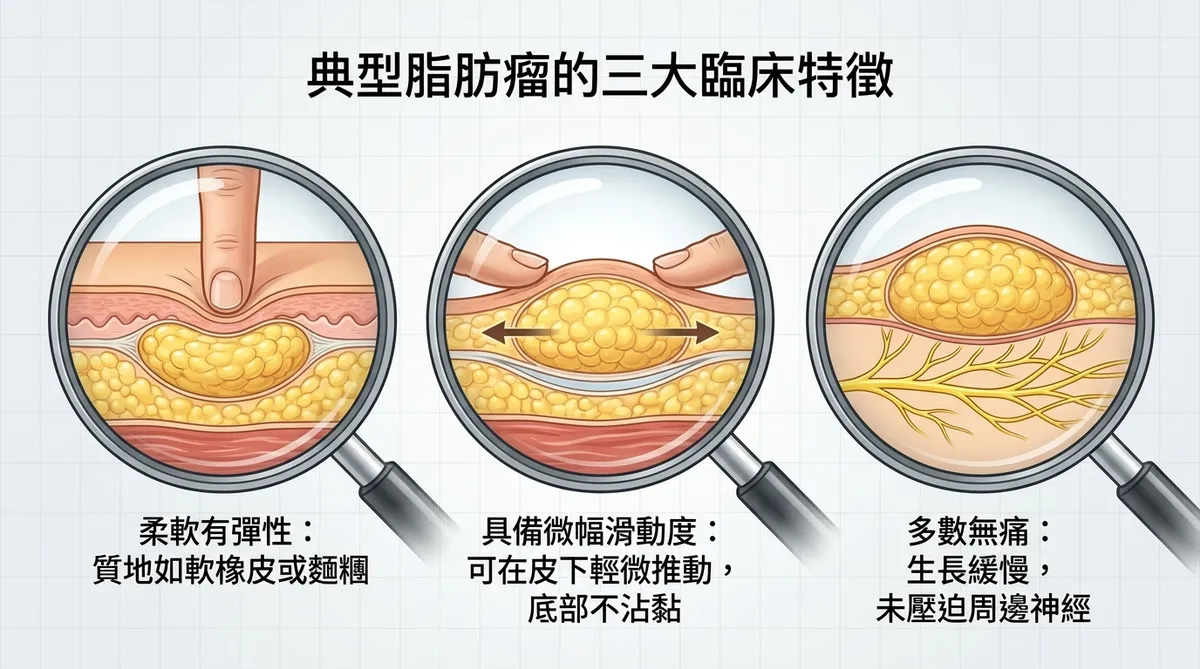 典型脂肪瘤臨床特徵示意圖,呈現柔軟有彈性、可微幅滑動與多數無痛