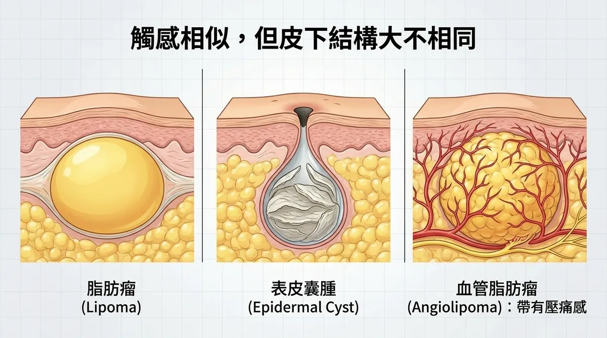 脂肪瘤、表皮囊腫與血管脂肪瘤皮下結構鑑別示意圖