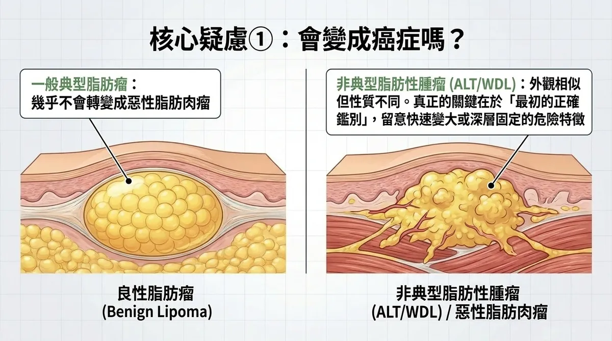 良性脂肪瘤與非典型脂肪性腫瘤 ALT WDL 鑑別及惡性警訊示意圖