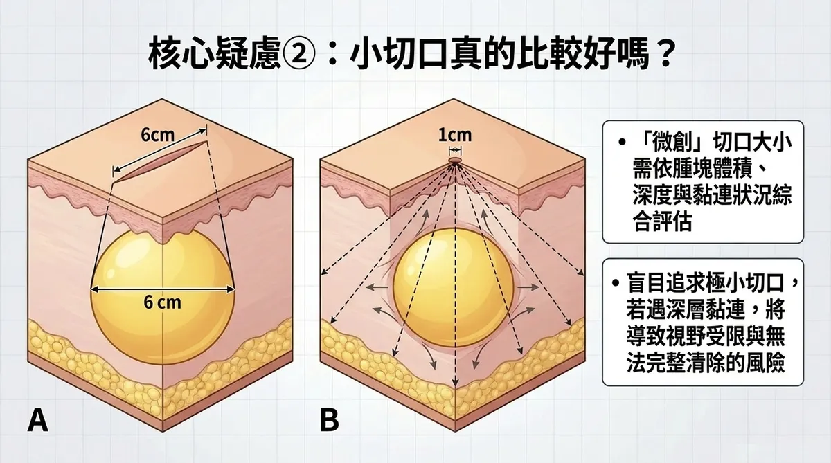 大型脂肪瘤標準切口與過小切口比較示意圖,說明手術視野與完整切除考量