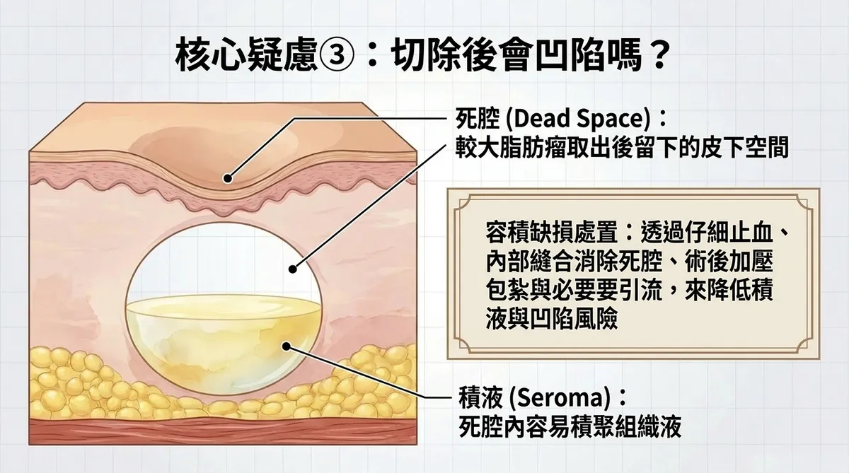 脂肪瘤切除後皮下死腔、血清腫與凹陷風險示意圖