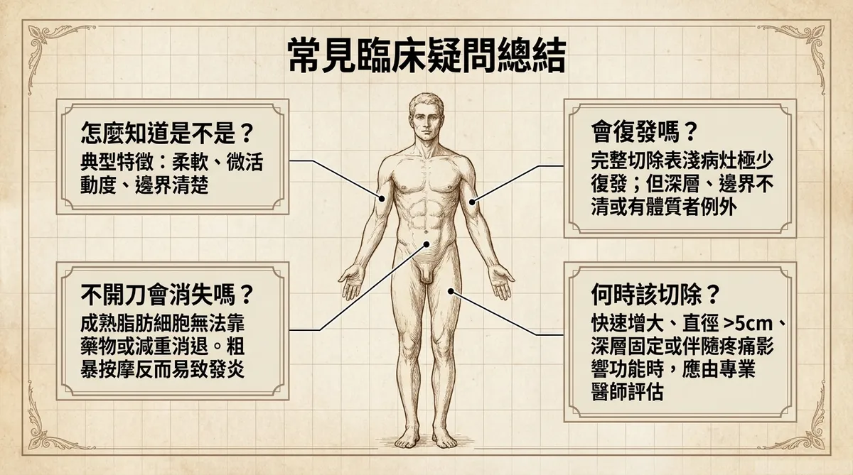 脂肪瘤常見臨床疑問總覽,包含診斷、觀察、復發與切除時機