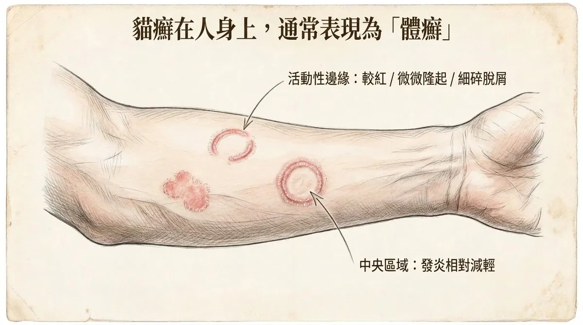 貓癬在人身上通常表現為體癬:活動性邊緣較紅微隆起伴隨細碎脫屑,中央發炎相對減輕圖解