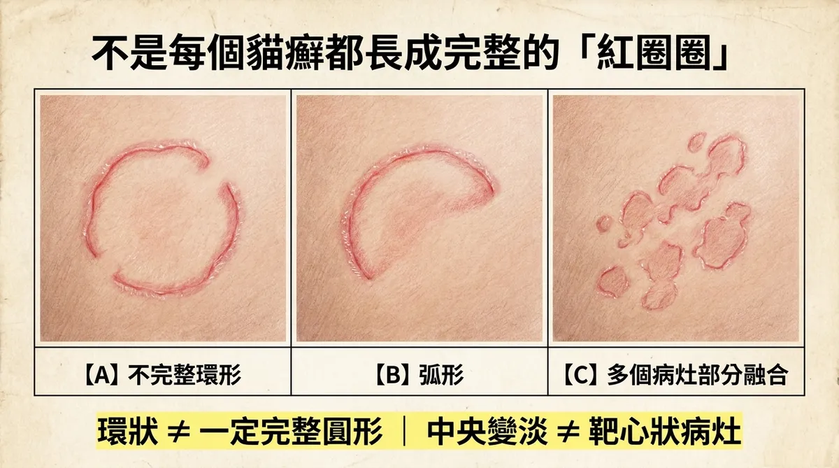 不是每個貓癬都長成完整的紅圈圈:不完整環形、弧形與多個病灶部分融合對照圖