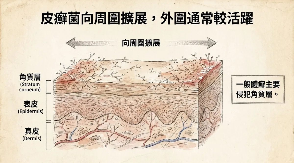 皮癬菌向周圍擴展外圍通常較活躍:一般體癬主要侵犯角質層皮膚微觀剖面圖
