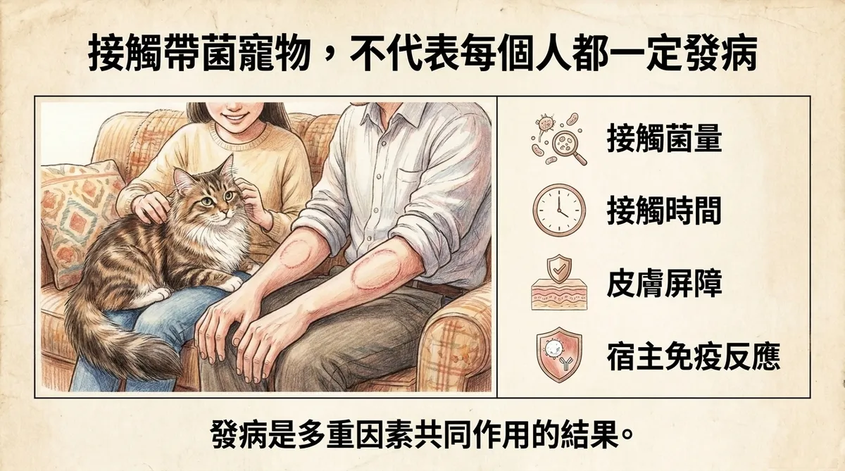 接觸帶菌寵物不代表每個人都一定發病:接觸菌量、接觸時間、皮膚屏障與宿主免疫反應多重因素說明圖