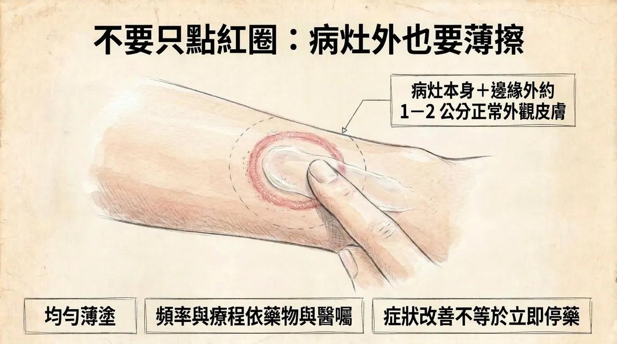 不要只點紅圈:病灶外也要薄擦,涵蓋病灶邊緣外約1-2公分正常外觀皮膚圖解